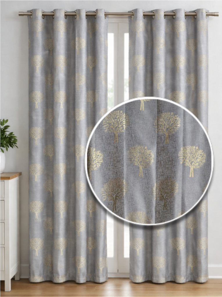 Custom size silver grey curtain with gold tree motifs and Triple Pinch Pleat / Eyelet heading by Nemii Decor