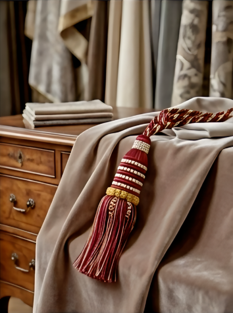 Luxury burgundy curtain tassel tieback with pearl and gold embellishments