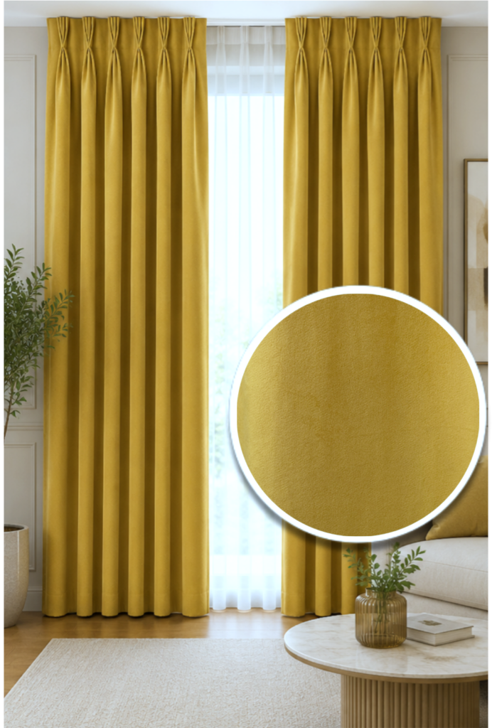 Luxury mustard gold textured triple pinch pleat curtain with elegant tailored folds
