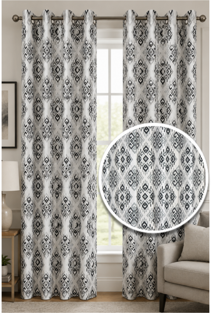 Premium grey geometric eyelet curtain featuring tribal-inspired monochrome motifs.