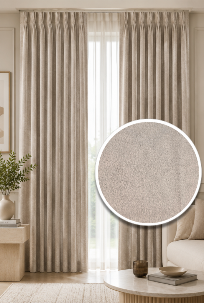 Premium greige textured triple pinch pleat curtain with luxury tailored folds
