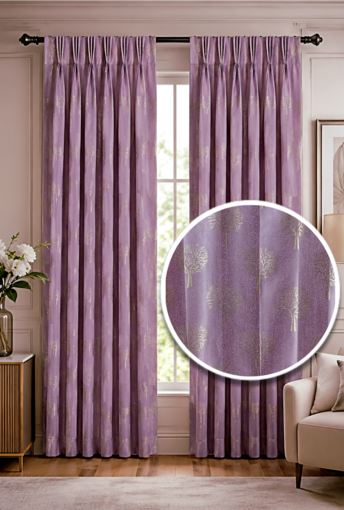 Luxury lavender custom-size triple pinch pleat curtains featuring metallic tree motifs and tailored pleating.