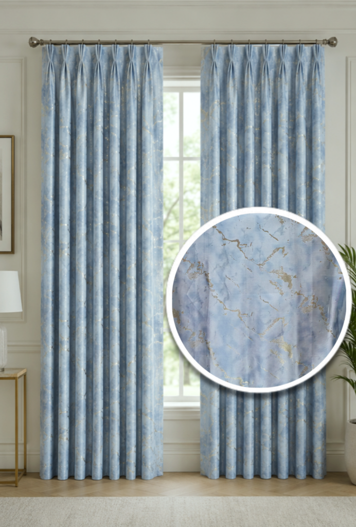 Custom Size Blue Marble Triple Pinch Pleat Curtain with Metallic Gold Veins