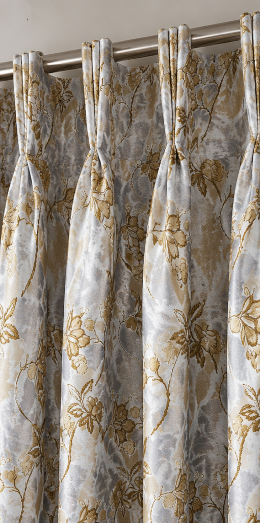 Custom size grey and gold floral triple pinch curtain with elegant botanical pattern.