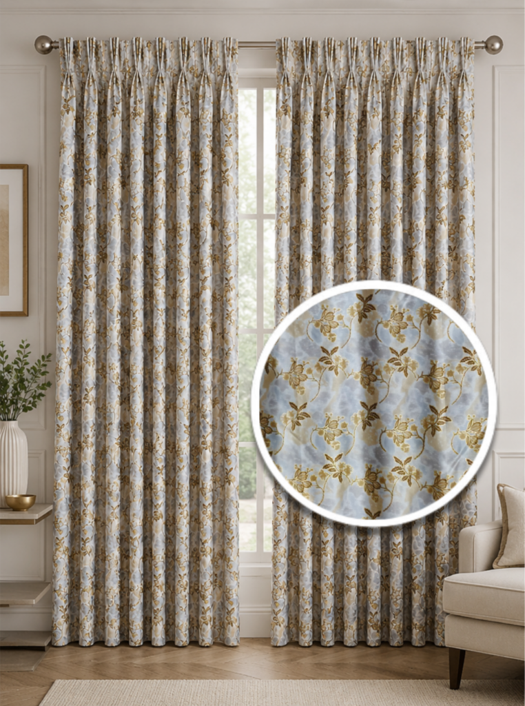 Custom size grey and gold floral triple pinch curtain with elegant botanical pattern.