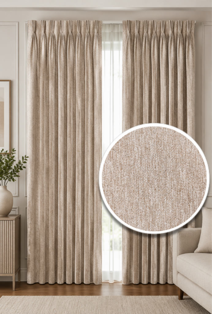 Luxury beige textured triple pinch pleat curtain with premium tailored folds