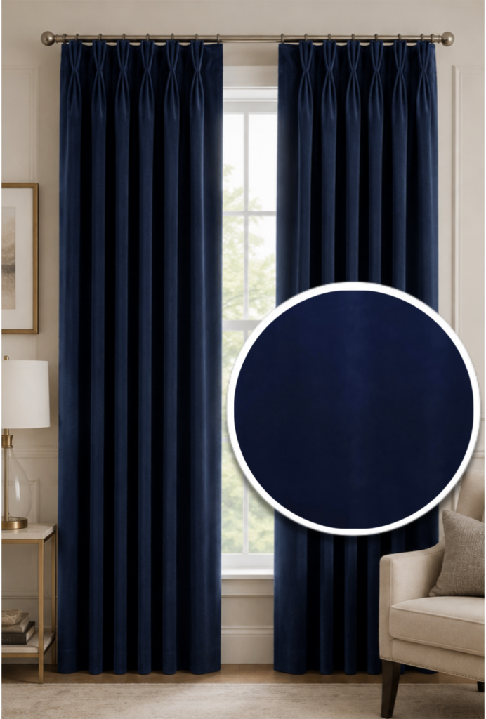 Premium navy blue velvet triple pinch pleat curtain with luxury tailored draping.