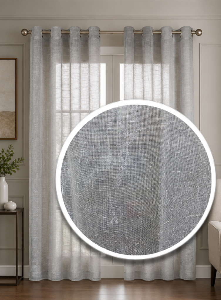 Premium light grey linen texture sheer curtain hanging in modern living room window.
