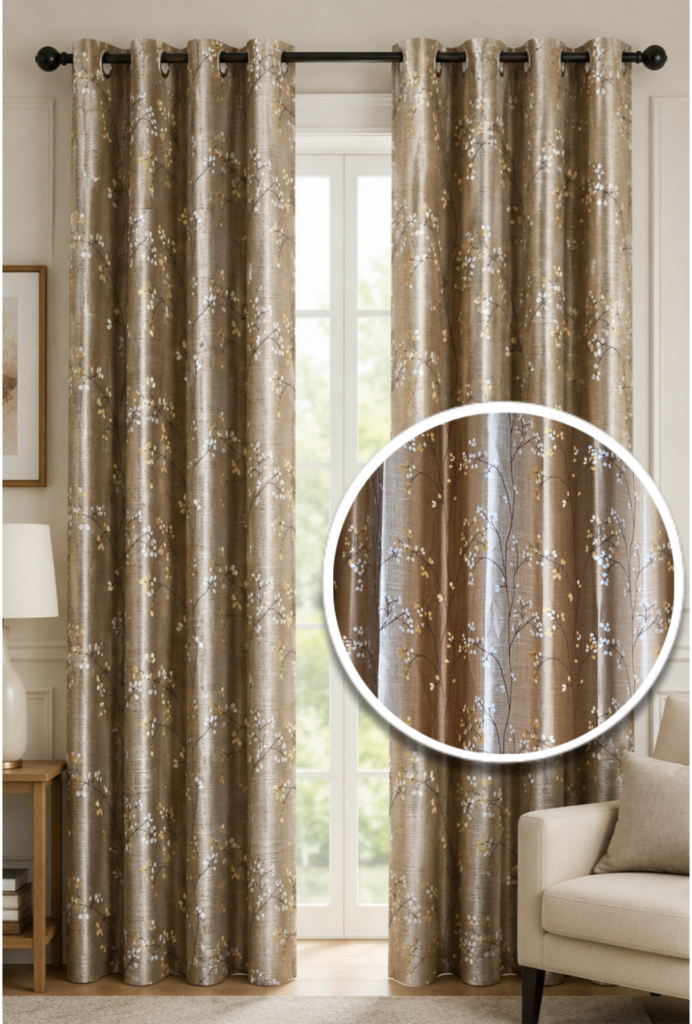 Premium taupe floral eyelet curtain featuring botanical branch print and linen-look texture.