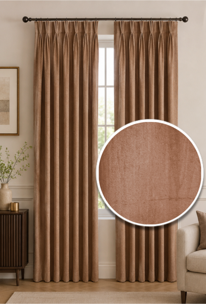Premium mocha brown velvet texture triple pinch pleat curtain in luxury modern interior