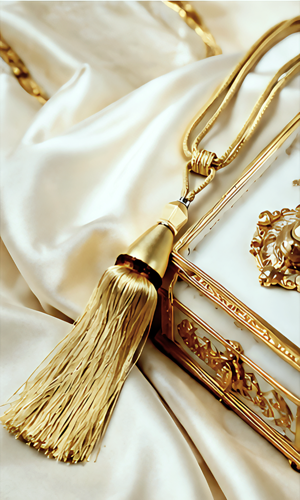 High-quality single gold curtain tassel tieback with a sleek metallic gold cap and long silky fringes attached to a braided loop cord against a white background.