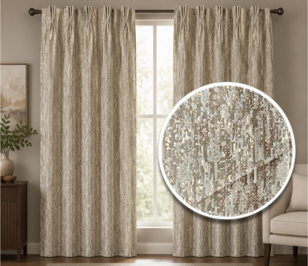 Premium beige textured made-to-measure custom curtains with elegant abstract woven design for luxury modern interiors.