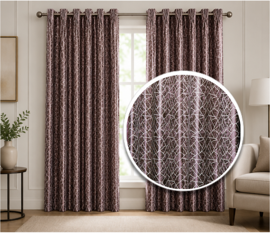 Luxury taupe geometric custom-size curtain fabric by Nemii Decor featuring a modern abstract linear pattern with premium textured finish, designed for made-to-measure window treatments.